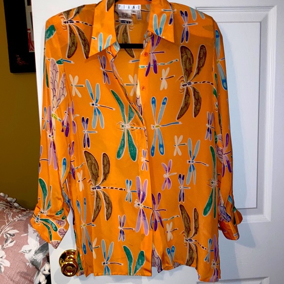 Vintage silk blouse dragonflies sz S - Picture 1 of 3